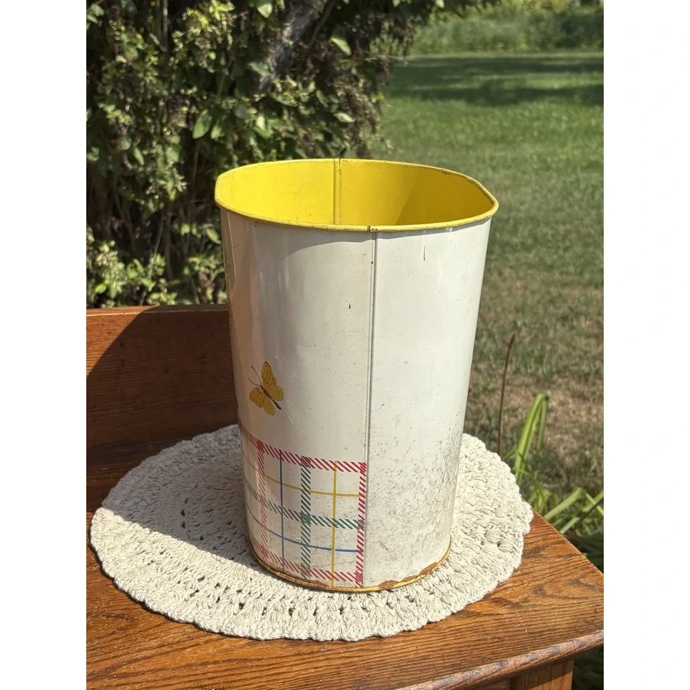 Vtg Mid Century Metal Trash Can Waste Basket Yellow Red White Floral Plaid 11.5